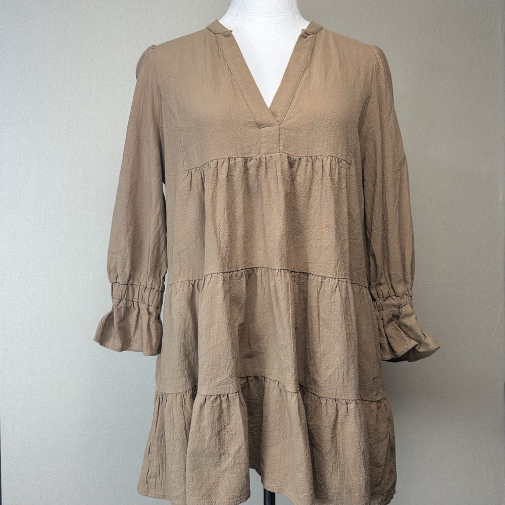 Mustard‎ Seed Mini Dress/Tunic Sz S Beige Tan Baby Doll Pockets 3/4 Sleeves Boho